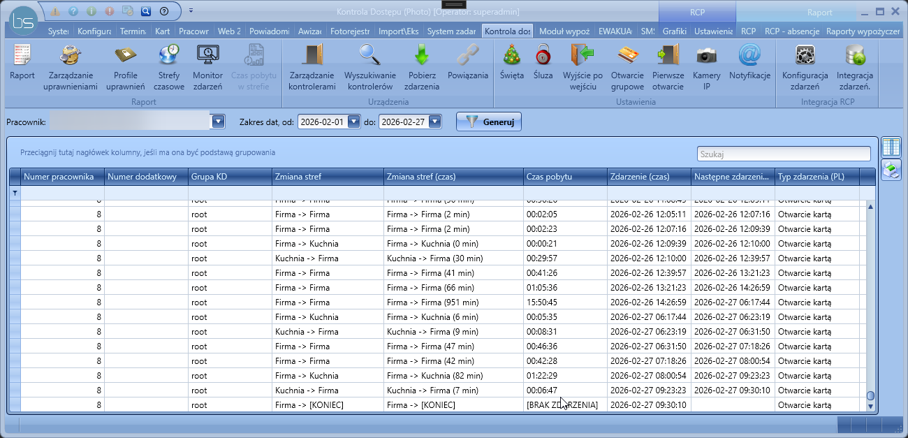 Raport KD - czas pobytu w strefie.
