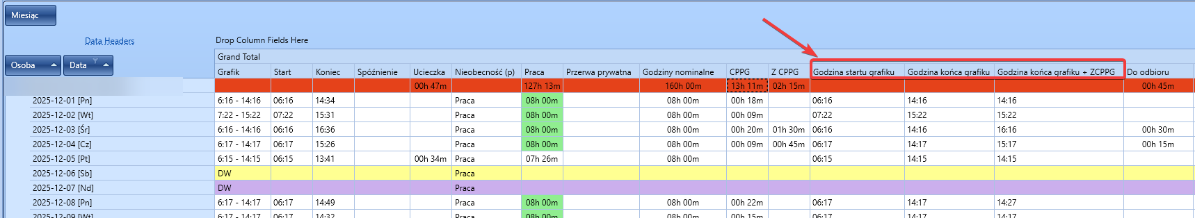 Nowe kolumny raport RCP.